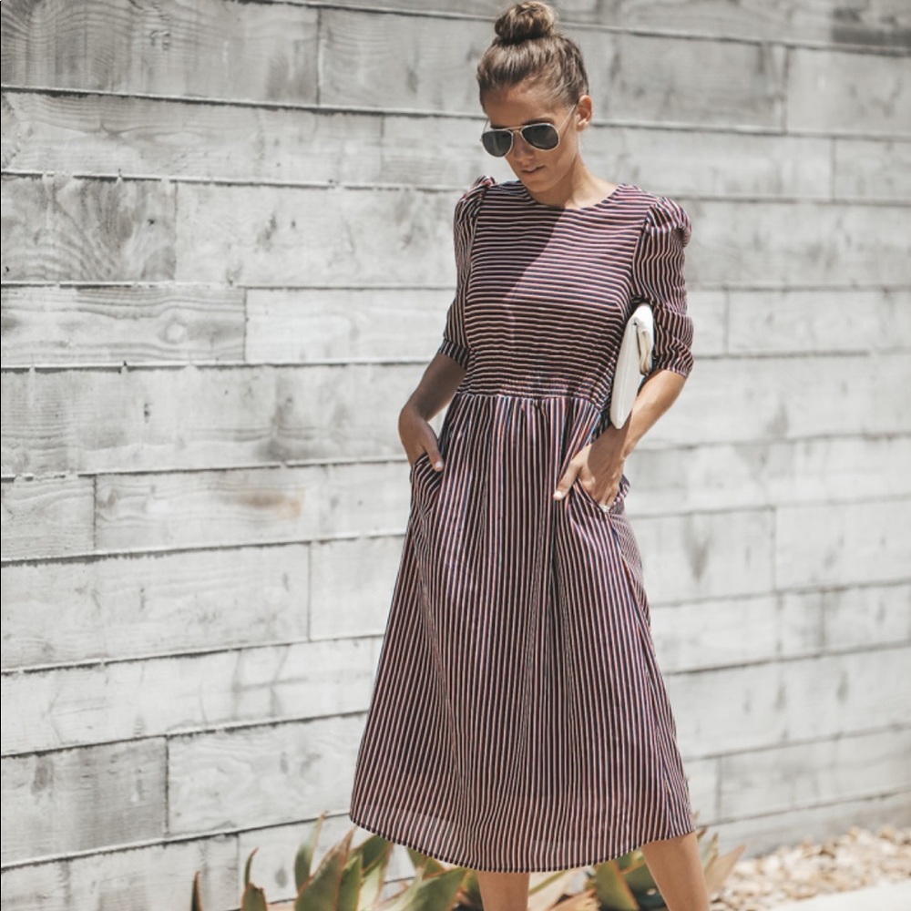 FINLANDIA STRIPED POCKETED MIDI DRESS